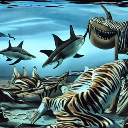 Image similar to sharks instead of tigers in the persistence of memory of salvador dali