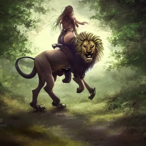 Image similar to girl riding a giant lion in the forest, trending on artstation