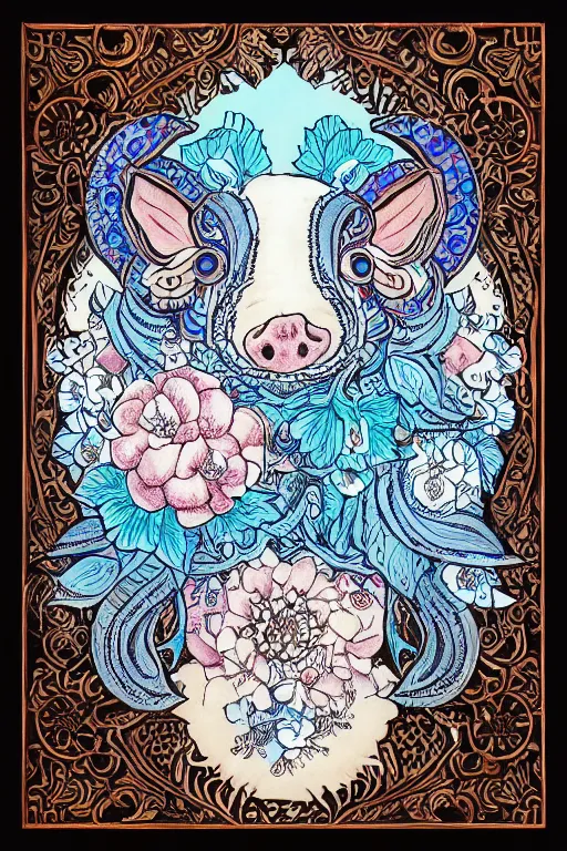 Image similar to Painted dark-wood panel relief carving of a Flowerpunk Piglet, White and pale blue toned, ornate border frame, explosion of colorful flowers, dark wood, intricately carved, black ink, festival of rich colors, intricate details, cinematic lighting, volumetric lighting, post-processing, art nouveau, tarot, fractal art, mandala, by andreas rocha and john howe, and Martin Johnson Heade, featured on artstation, featured on behance, golden ratio, hyper detailed, photorealistic, epic composition, center spotlight, f32, well composed, symmetrical, UE5, 8k