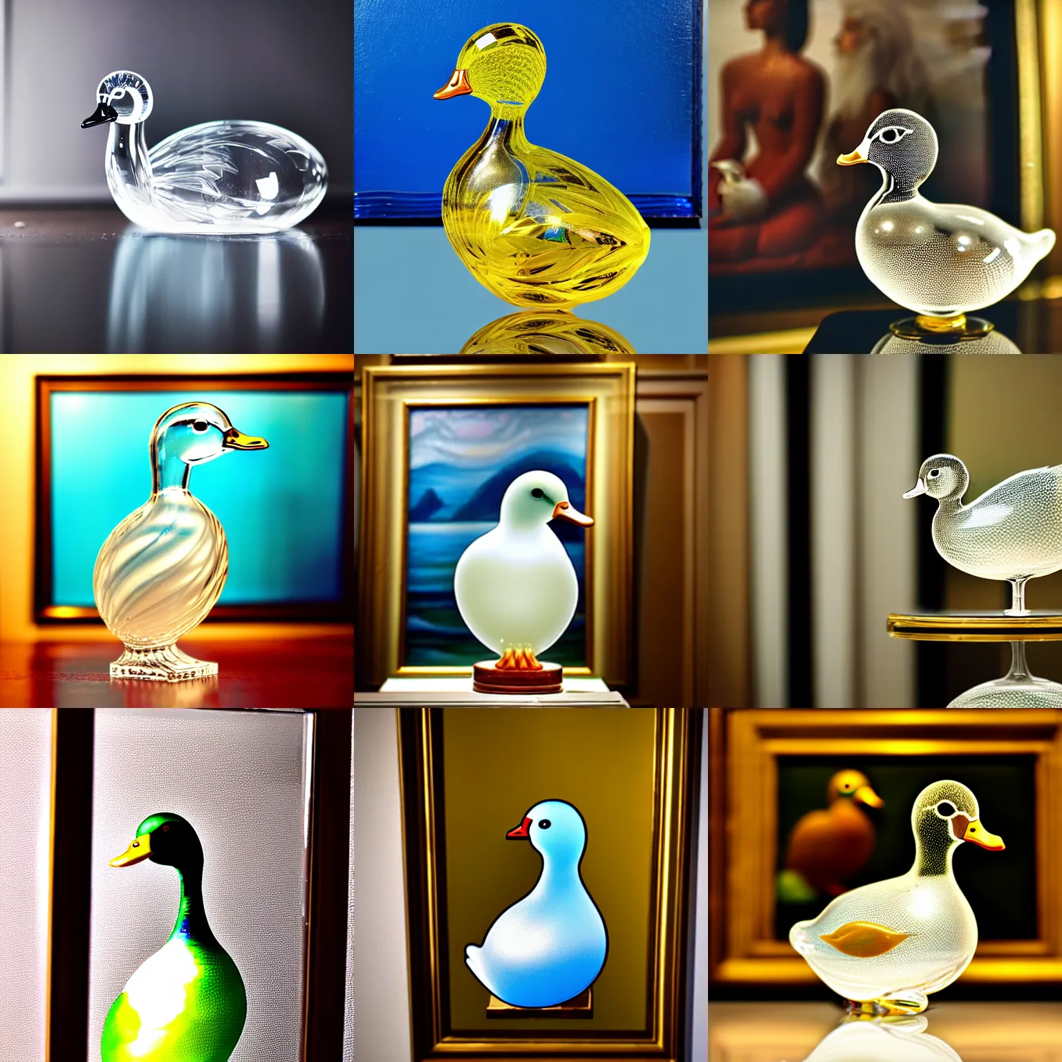 Prompt: a close up photo of a transparent clear [ vintage crystal art glass duck in front of a painting ] [ not opaque duck ] [ clear duck ]