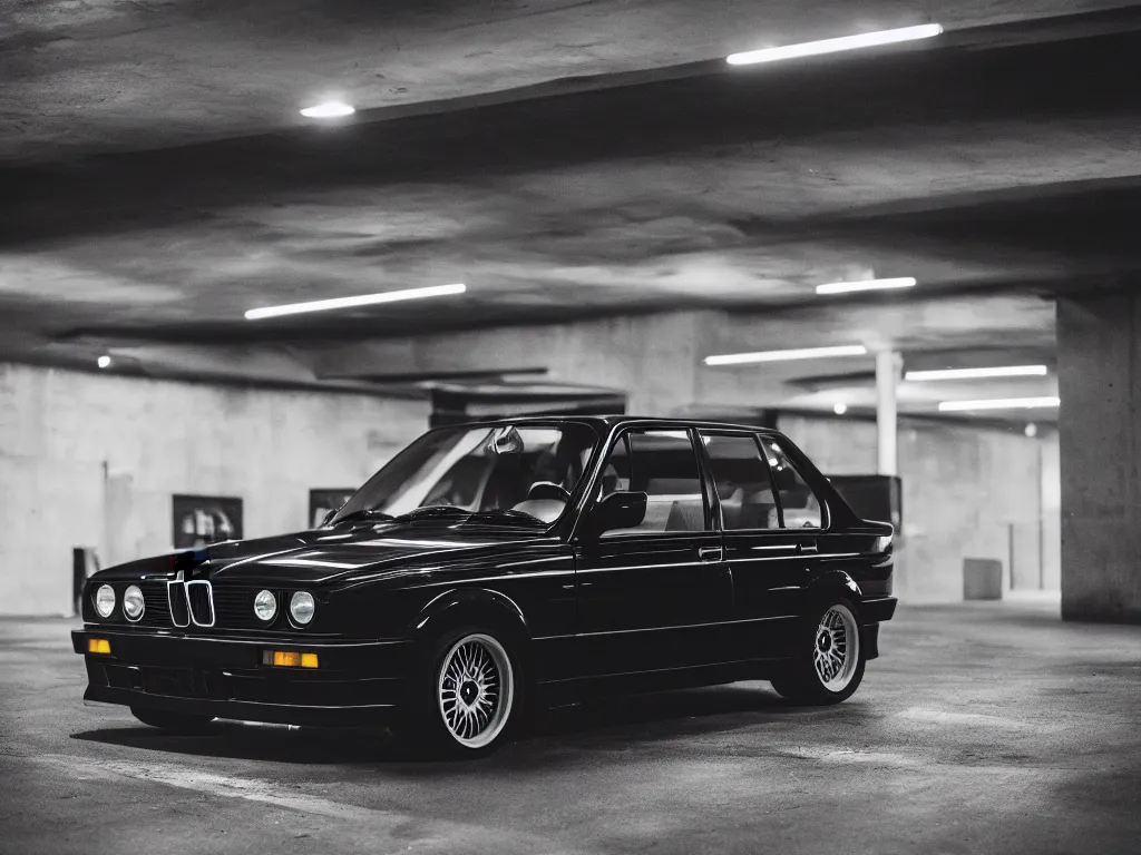 Image similar to a modified bmw e 3 0 with lights on in a futuristic neon parking garage, 3 5 mm photography, car photography, clean lines, realistic