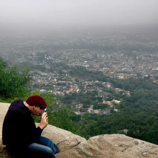 Image similar to a lonesome man, sitting on a cliff on a very rainy day, taking a drag from a cigarette as he watches his life fall apart