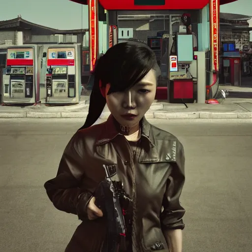 Image similar to a chinese woman at a gas station, 3 d models, metal gear solid, morrowind, portrait, street photography, by mario testino, davide sorrenti, jemal shabazz