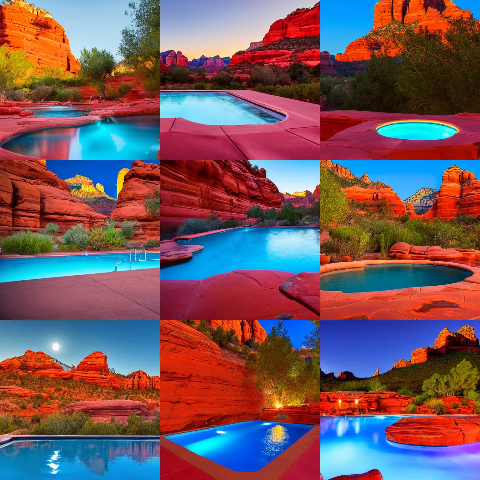 Prompt: a lit swimming pool surrounded by Red Rock in Sedona Arizona, a large bright full moon above, golden hour,