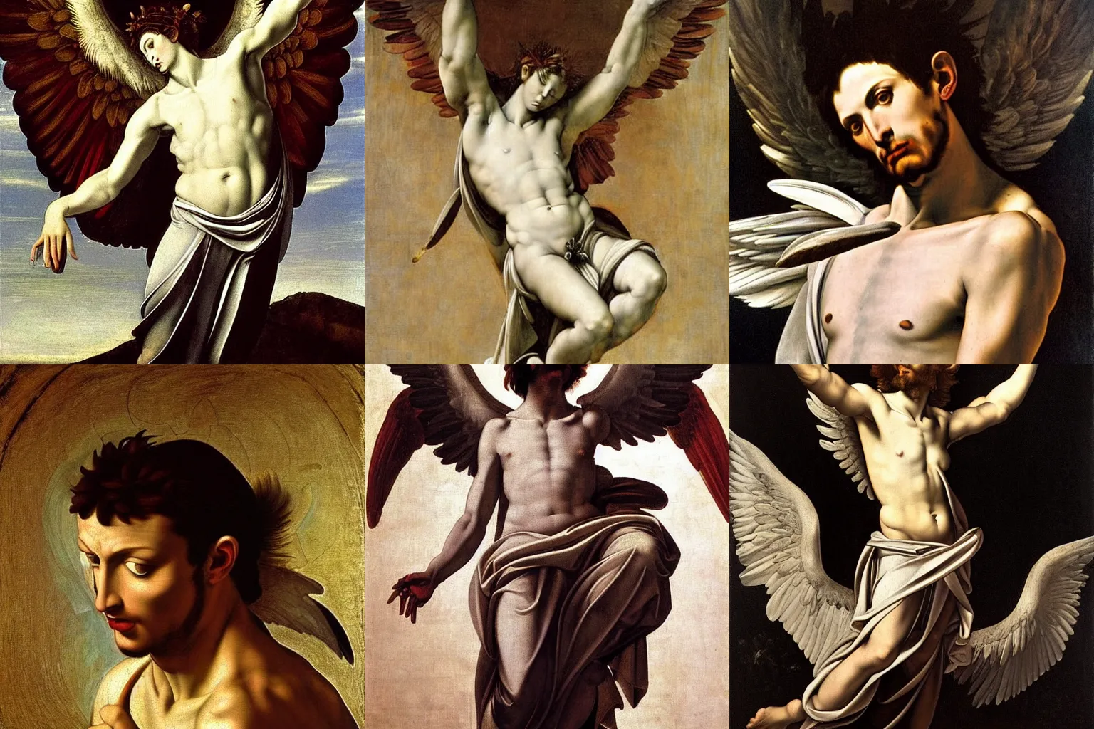 Prompt: A extremely beautiful highly detailed majestic angelic beautiful painting of lucifer by Michelangelo Merisi da Caravaggio,