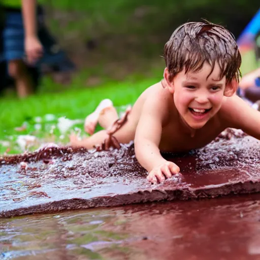 Image similar to kid sliding down chocolate pudding head first, slip n slide, photo taken at the park