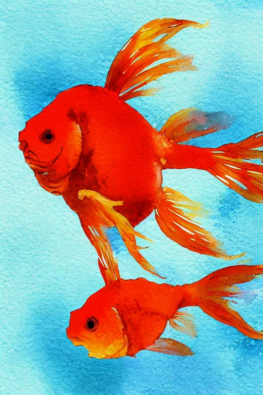 Image similar to wide angle scene of an award winning watercolor painting of a Siamese fighting goldfish, digital art