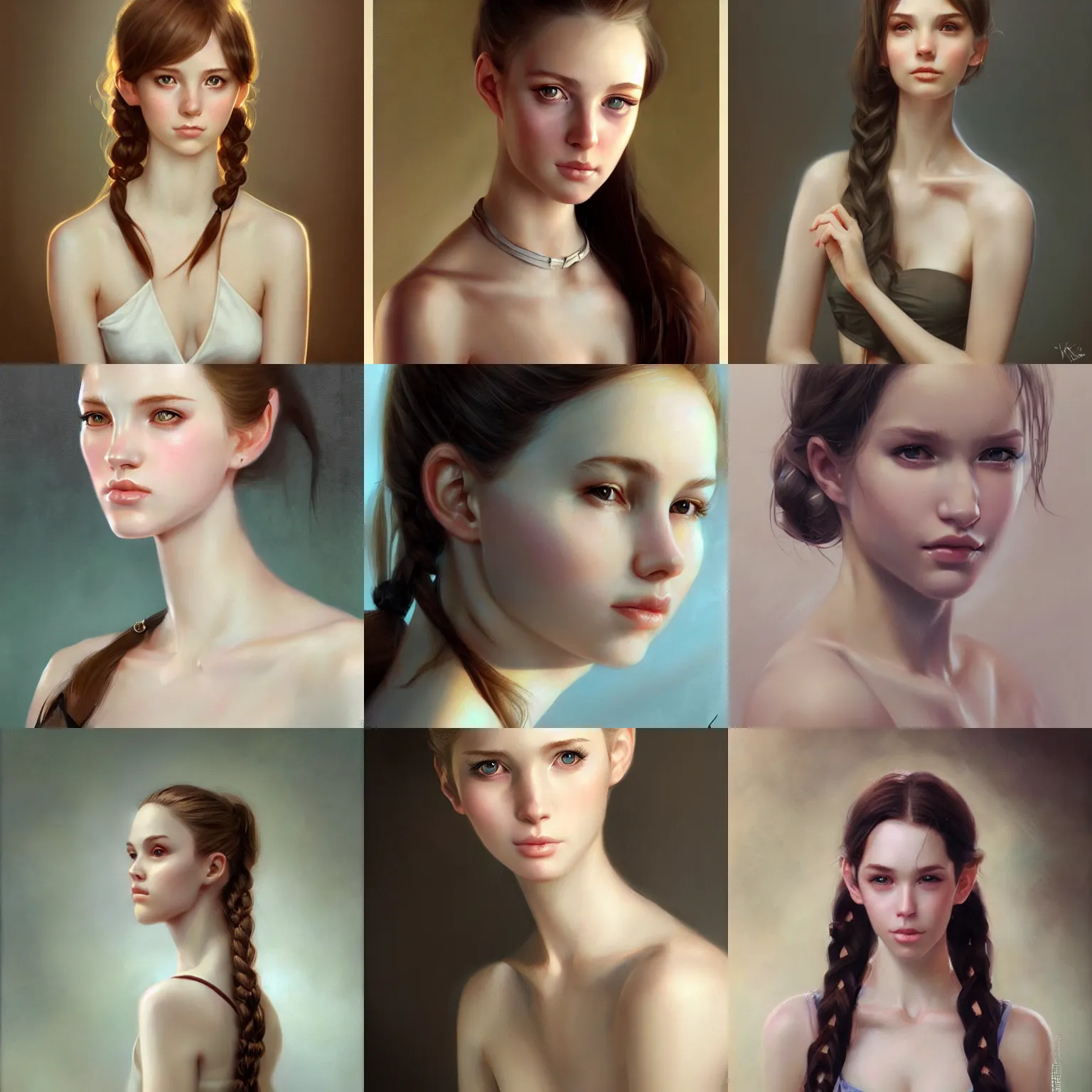 Prompt: cute portrait of a girl, ivory pale skin, halter neck, ponytail, hyperrealism, elegant, by krenz cushart and wes anderson, charlie bowater and artgerm