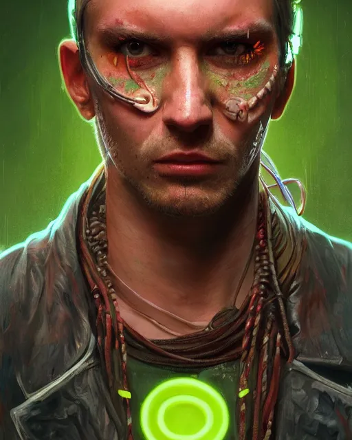 Image similar to '' Face portrait of a scarred fighter with a neon lime leather coat, neck chains, long hair with a ponytail , sci-fy, cyberpunk, high detail, 4k , digital painting, artstation, concept art, sharp focus, illustration, art by greg rutkowski and alphonse mucha ''