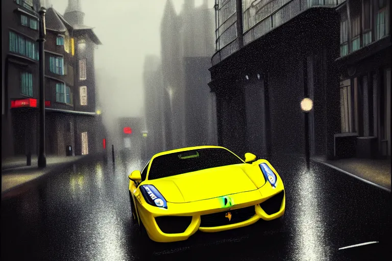 Image similar to a wholesome animation key shot of one focused yellow ferrari, dynamic, on a wet london street, raining, clouwdy atmosphere, wide shot, studio ghibli, pixar and disney animation, sharp, very detailed, high resolution, rendered in unreal engine 5, anime key art by greg rutkowski, overcast lighting, dark