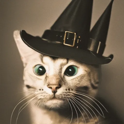 Image similar to photograph of a cat with witch's hat