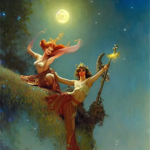 Image similar to attractive fairy magically floating high in the night, fantasy, full moon in background. highly detailed painting by gaston bussiere, craig mullins, j. c. leyendecker, sharp focus, 8 k