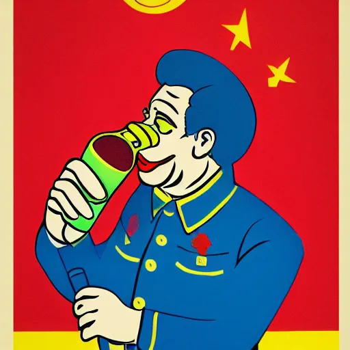 Image similar to communist clown drinking champagne, soviet propaganda, vivid colors, poster art style, detailed image, saturated colors, dominating red, detailer portrait, male face, very happy