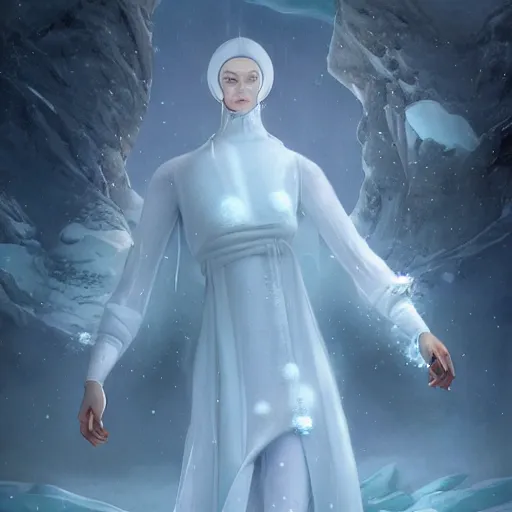 Image similar to a hyperrealistic illustration of a human in the Arctic, white long clothes, snow on the body, blue transparent ice with fractal sunlight, award-winning, masterpiece, in the style of Tom Bagshaw, Cedric Peyravernay, Peter Mohrbacher