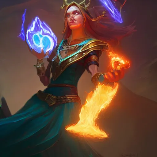 Prompt: The sorceress casting a fireball, colaboration of Hearthstone and Greg Rutkowski for Hearthstone
