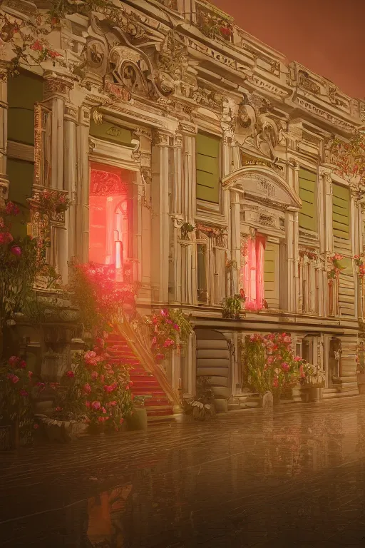 Image similar to Baroque style building full of roses, soft pastel neon lighting, highly detailed, photo realistic, volumetric lighting, cinematic