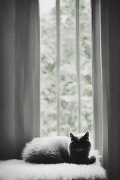 Prompt: “ fluffy grey cat turning head to look out the window while lying on tree, cozy living room, warm, cotton, dramatic lighting, extremely high quality, leica m - a, lux 3 5 fle, portra 8 0 0 ”