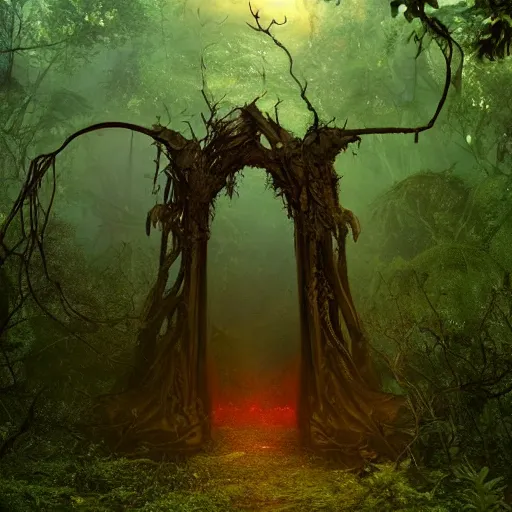 Prompt: ravenous, ominous portal to hades embedded in a creepy tree in a densely overgrown, magical jungle, fantasy, dreamlike sunraise, ultra realistic, atmospheric, stopped in time, dreamlike light incidence