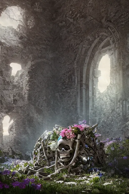 Prompt: a human skeleton full of flowers sitting in a destroyed and ruined throne in a ruined castle at sunrise, concept art, octane render, unreal engine 5, trending on Artstation, high quality, 8K, soft lighting, trending on DeviantArt, highly detailed, digital art, hyperrealistic, path traced, godrays, complementary colors, natural lighting