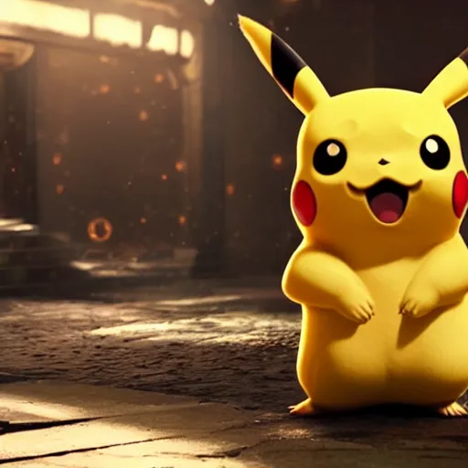 Image similar to pikachu in Gears of War, splash art, movie still, cinematic lighting, dramatic, octane render, long lens, shallow depth of field, bokeh, anamorphic lens flare, 8k, hyper detailed, 35mm film grain