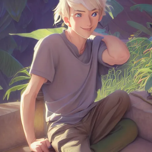 Image similar to young man with short, ash blond greyish hair, light brown eyes, casual clothes, relaxing, happy, path traced, highly detailed, high quality, digital painting, by don bluth and ross tran and studio ghibli and alphonse mucha, sylvain sarrailh, beautiful details