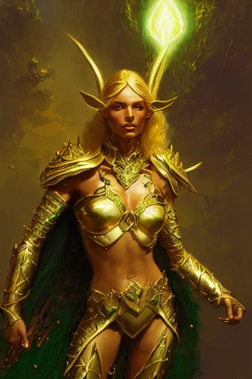 Image similar to a bronze - skinned elf of incredible beauty with luscious cropped golden hair decorated with strands of silver, eyes glowing with a brilliant white light, wearing a gold and green set of platemail armor, portrait dnd, painting by gaston bussiere, craig mullins, greg rutkowski, yoji shinkawa