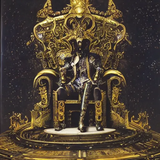 Prompt: a king in a suit of ornate brass armor sitting on a throne, in the background a window shows the inky blackness of space, by yoshitaka amano, oil paint