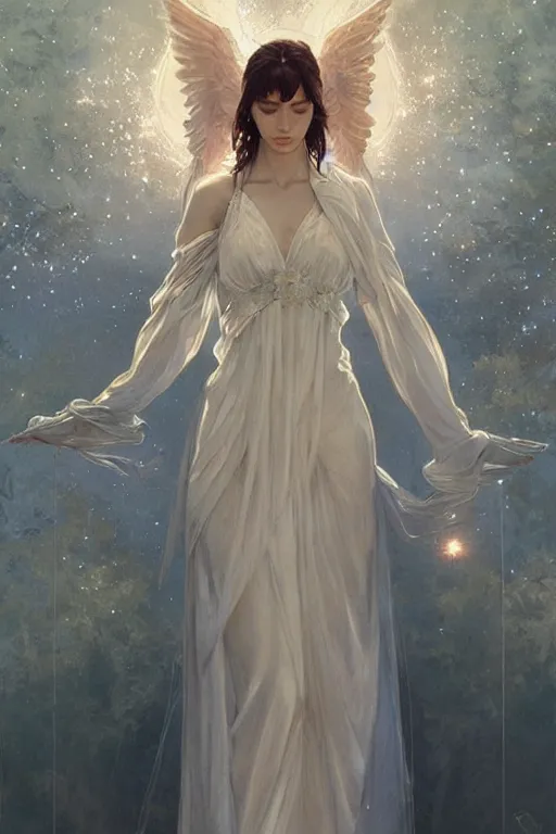 Image similar to Angels in white gauze dresses, the glow of the moonlight, fantasy, intricate, elegant, highly detailed, digital painting, artstation, concept art, matte, sharp focus, illustration, art by Artgerm and Greg Rutkowski and Alphonse Mucha