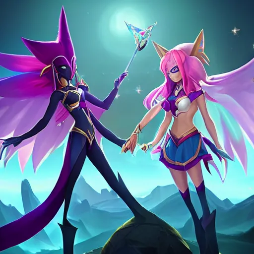 Prompt: star guardian xayah and star guardian kai'sa are friends, league of legends, by weta digital, 3 - dimensional, photograph, hyper relealistic, rays of shimmering light