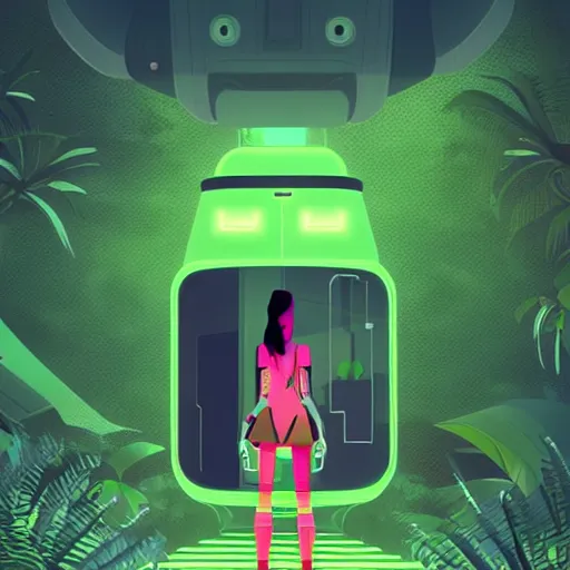 Prompt: a woman walking across a lush green hillside, a huge robot head in front of her, cyberpunk art by by james gilleard, cgsociety, retrofuturism, synthwave, retrowave, outrun