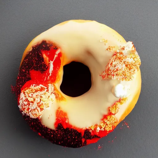 Image similar to erupting volcano on small spitting delicious donuts