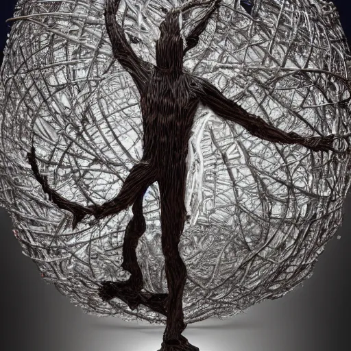 Image similar to a human man statue encased by a cosmic tree, a sense of awe, amazement, monogon, plasma display, wooden, silver, mercury, damascus, armature wire, multiscopy, morph, in a symbolic and meaningful style, insanely detailed and intricate, hypermaximalist, elegant, ornate, hyper realistic, super detailed,