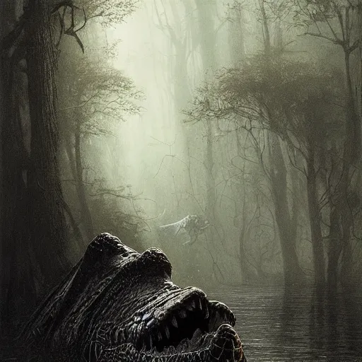 Image similar to a crocodile swimming in a swamp horror gustave dore greg rutkowski sinister by greg rutkowski, grey mist