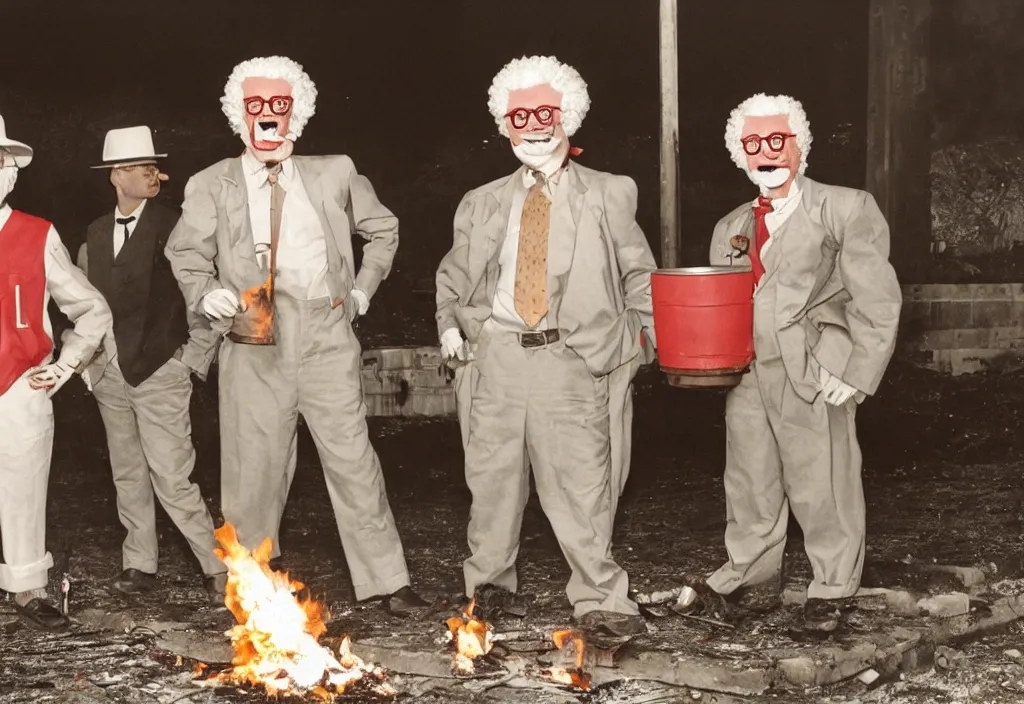 Prompt: Ronald McDonald and Colonel Sanders are hobos standing next to burning barrel under a bridge