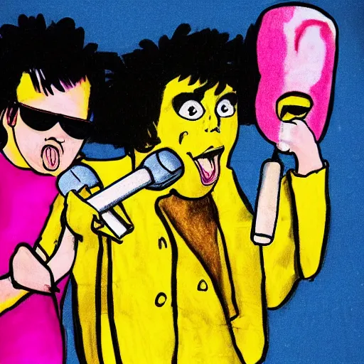 Image similar to 8 0 s punk rock band holding banana microphone, with banana costumed background singers, concert photo, getty images, pencil drawing