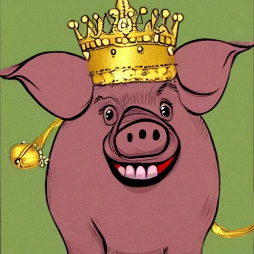 Image similar to a pig wearing a gold crown in the style of Friz Freleng