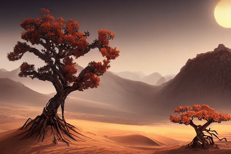 Image similar to cinematic fantasy landscape painting of a desert valley of bones, an eclipse, over an autumn maple bonsai growing alone, on a desolate sand dune in front of a primordial mountainous desert landscape of bones by and jessica rossier