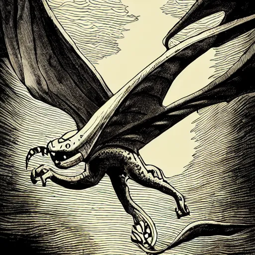 Prompt: precisely drawn illustration o flying wyvern, old-fashioned tarot card, victorian playing card, sepia tone, wide angle, sharp, fine details, French comic style, cyberpunk, intense line art, 8k, precise linework, realistic, shaded lighting by katsuhiro otomo ghost-in-the-shell, magali villeneuve, artgerm, rutkowski Jeremy Lipkin and Giuseppe Dangelico Pino and Michael Garmash and Rob Rey and Moebius