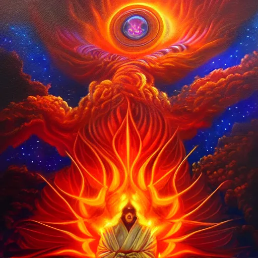 Image similar to great fiery anger, galactic nebular astral realm sacred journey in oil painting, trending on artstation, award winning, emotional, highly detailed surrealist art