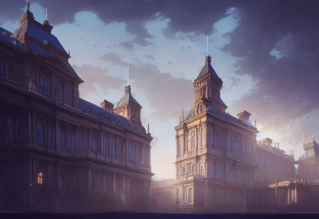 Image similar to victorian parliamentary building, victorian, architecture, blue sky, town, cinematic view, concept art, high detail, well lit, volumetric, godrays, vivid, trending on artstation, by jordan grimmer, art greg rutkowski