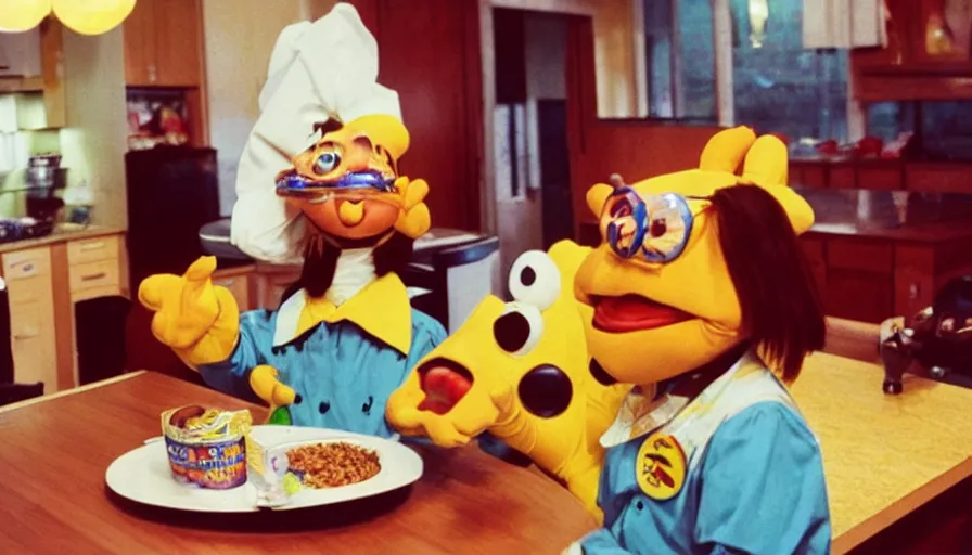 Image similar to 1 9 9 0 s candid 3 5 mm photo of a beautiful day in the family kitchen, cinematic lighting, cinematic look, golden hour, an absurd costumed mascot from the wacky giant face space club show is forcing the children to eat cereal, children are eating way too much cereal, uhd