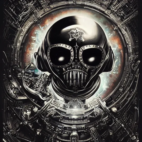 Image similar to a highly detailed space pirate portrait of an interstellar criminal radiating a dark unholy aura, a divine cosmic punisher, ornate black futuristic gothic armor, intricate broken space helmet, VR iridium visor, 8k, by Tristan eaton, Stanley Artgermm, Tom Bagshaw, Greg Rutkowski, Carne Griffiths, Ayami Kojima, Beksinski, Giger, trending on DeviantArt, face enhance, hyper detailed, minimalist, cybernetic, android, blade runner, full of colour,