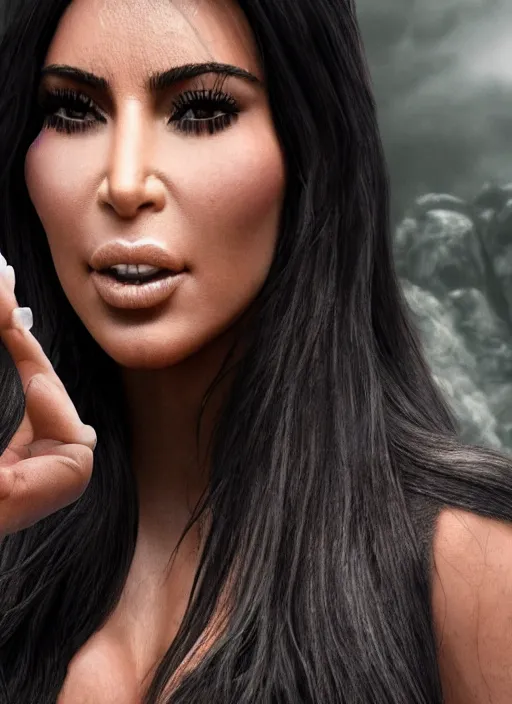 Image similar to Kim kardashian being eaten by predator, photorealism, uhd, realistic, wide shot, full shot,