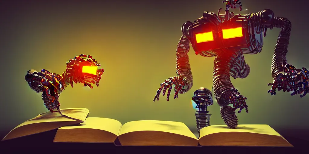 Image similar to A frightening multi armed evil robot devouring books with pipes and tubes and pages floating down, hyperealistic very colourful hdr cinematic lighting cgi render photorealistic cinematic octane render