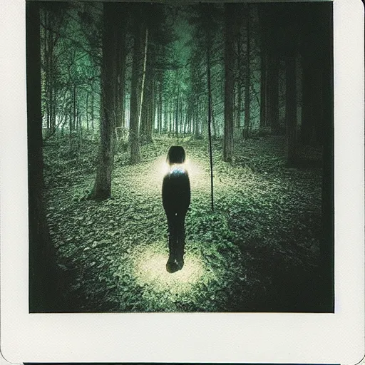 Prompt: glowing eyes in a dark forest, old polaroid, expired film, lost footage, nightmare, creepy, horror, unsettling,