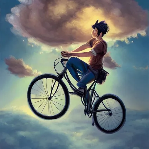 Image similar to A whimsical painting of a happy man flying in the sky on his bicycle in the clouds, digital art by Ross Tran