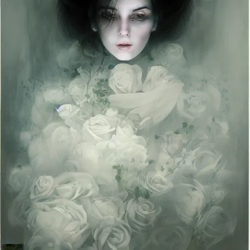 Prompt: ethereal ghostly portrait of female with white roses by james jean