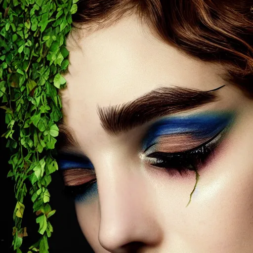 Image similar to A beautiful portrait of Daria Strokous as Poison Ivy from Batman and a model at Maybelline fashion show as a model Spring/Summer 2018, highly detailed, in the style of cinematic, Milan fashion week backstage, Extreme close up, Makeup by Pat McGrath, Hair by Guido Palau, Greg rutkowski