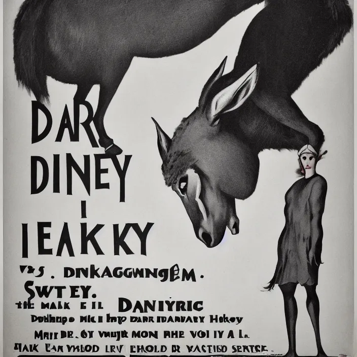 Prompt: 1 9 2 0 s horror movie poster of an evil donkey, dark atmosphere, minimalist, sharp focus, smooth, dramatic lighting, 8 k