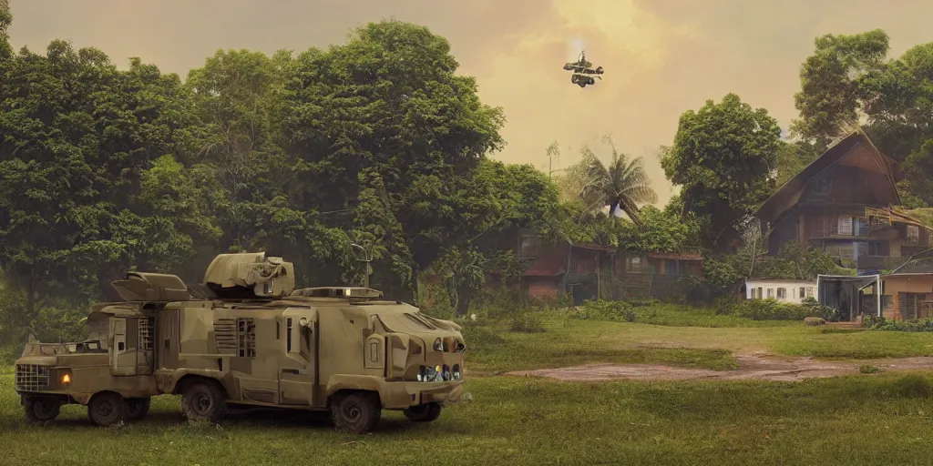 Prompt: a militarised spaceship parked infront of a house in a kerala village, photorealistic, 4k, matte painting, cinematic by simon stalenhag